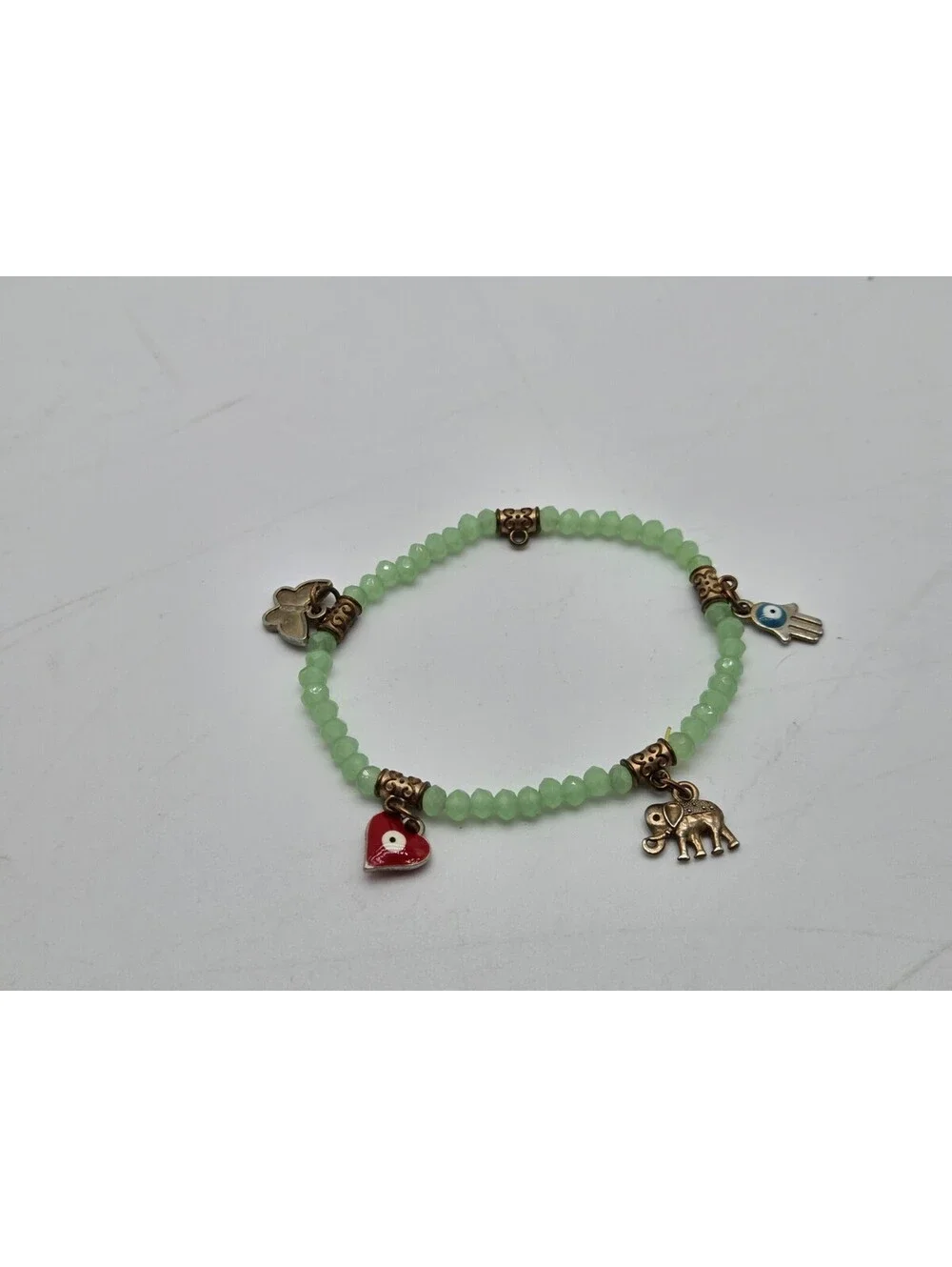 Green Faceted Beaded Stretch Bracelet Butterfly Hamsa Evil Eye Heart Elephant